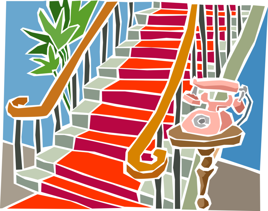 Vector Illustration of House Interior Staircase with Antique Telephone