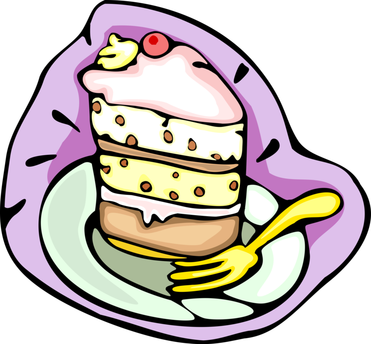 Vector Illustration of Sweet Dessert Cake with Plate and Fork