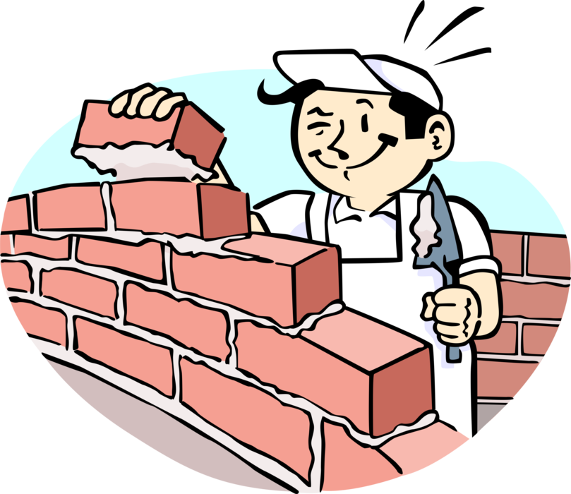 Vector Illustration of Mason Bricklayer Builds Masonry Wall with Bricks and Mortar