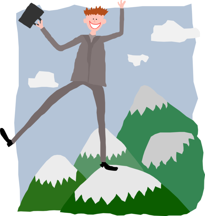 Vector Illustration of Businessman on Mountain Peak Celebrates Success