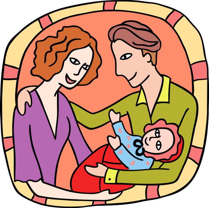 Vector Illustration of Happy Couple with Newborn Infant Baby