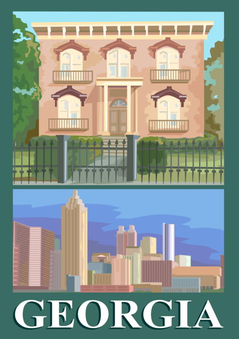 Vector Illustration of Georgia Postcard Design Featuring Savannah and Atlanta, USA