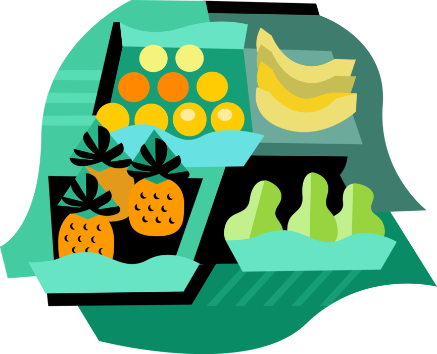 Vector Illustration of Fresh Fruit and Vegetable Market with Pineapples and Bananas