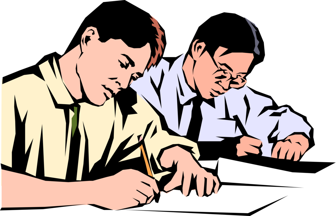 Vector Illustration of Academic University Students Write Exams with Pencils