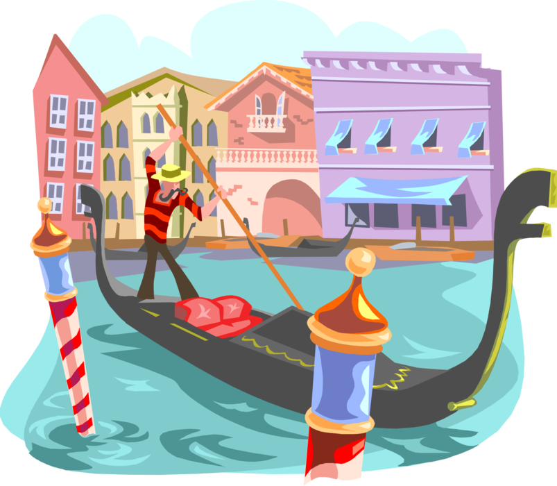 Vector Illustration of Venetian Gondola Steered by Gondolier in Canals of Venice, Italy