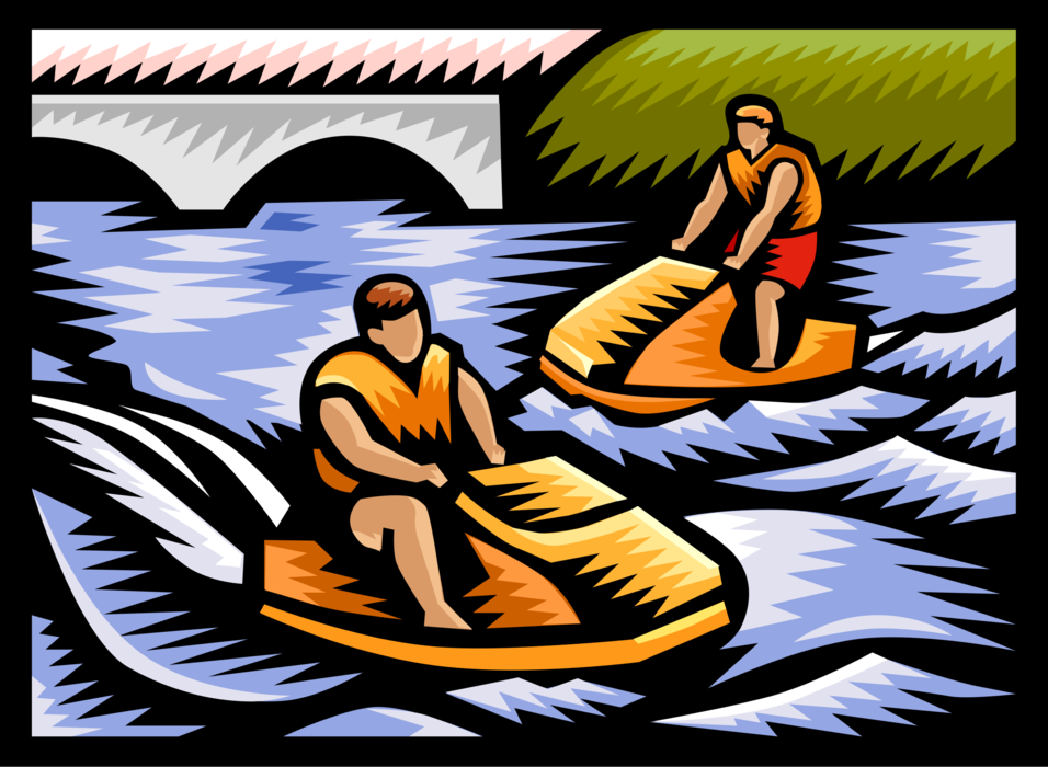 Vector Illustration of Jet Skiers Riding Personal Watercraft Water Sports Sea-Doo Jet Skis