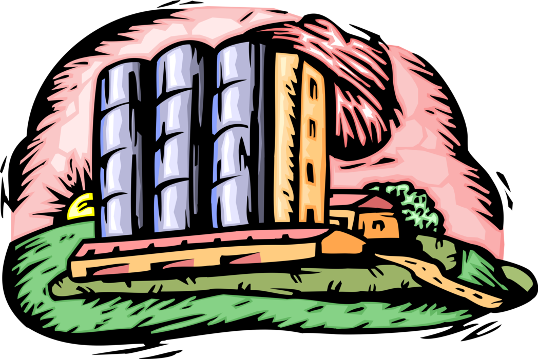 Vector Illustration of Farm Scene with Grain Harvest Storage Silos and Barn