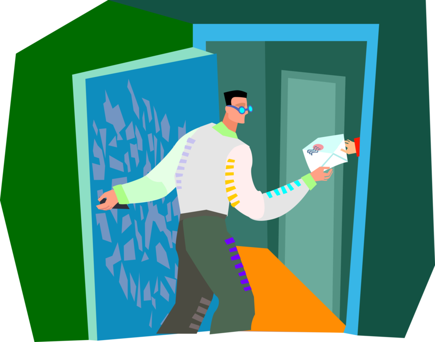 Vector Illustration of Man Answers Door and Receives Airmail Letter Envelope