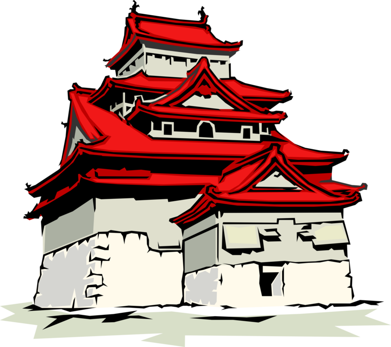 Vector Illustration of Japanese Pagoda Temple or Sacred Structure Red Roof