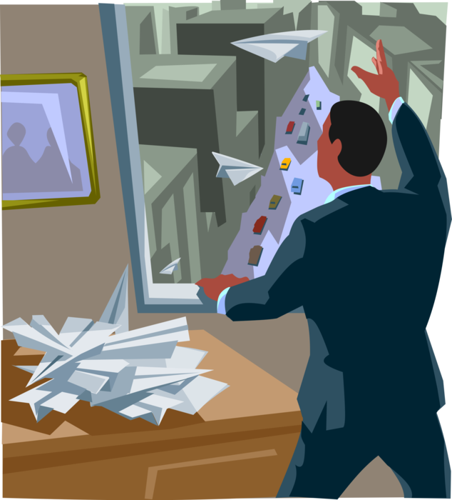 Vector Illustration of Businessman Sending Paper Airplane Messages from Office Building
