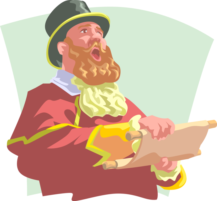 Vector Illustration of Town Crier or Bellman Makes Public Pronouncement with Bell and Light