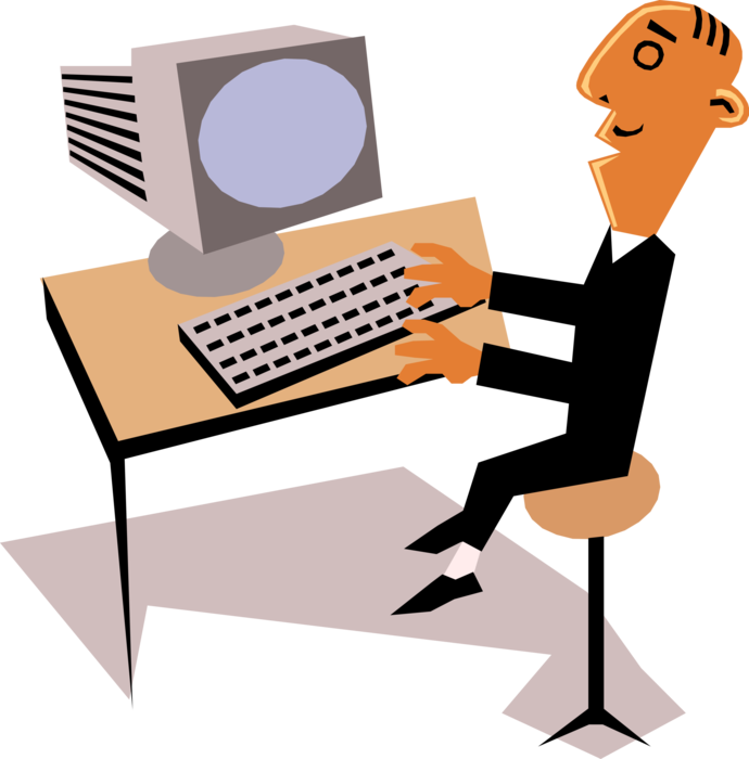 Vector Illustration of Businessman Works at Personal Computer Workstation