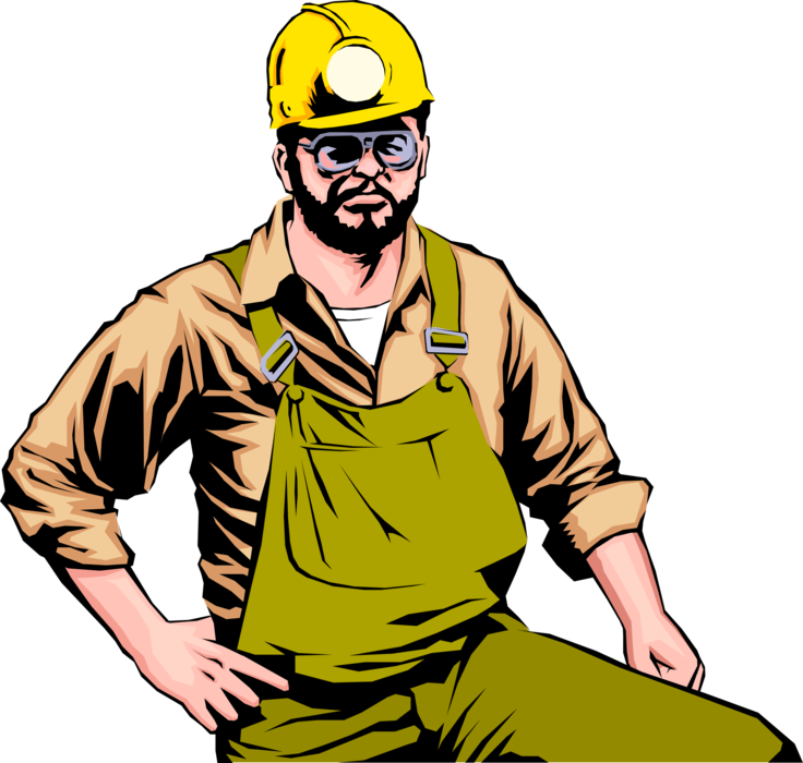 Vector Illustration of Mine Worker in Overalls with Hard Hat and Mining Lamp