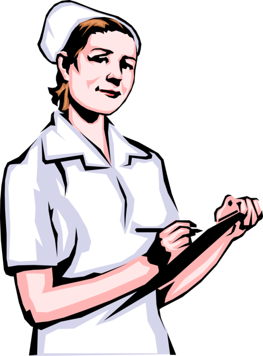 Vector Illustration of Hospital Health Care Nurse with Clipboard Portable Writing Surface Updates Patient's Medical Chart