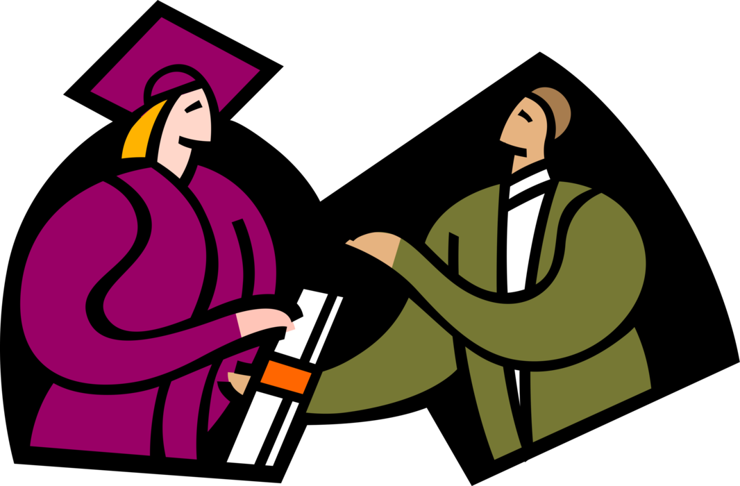 Vector Illustration of School Teacher Instructor in Classroom Awards Diploma to Graduating Student