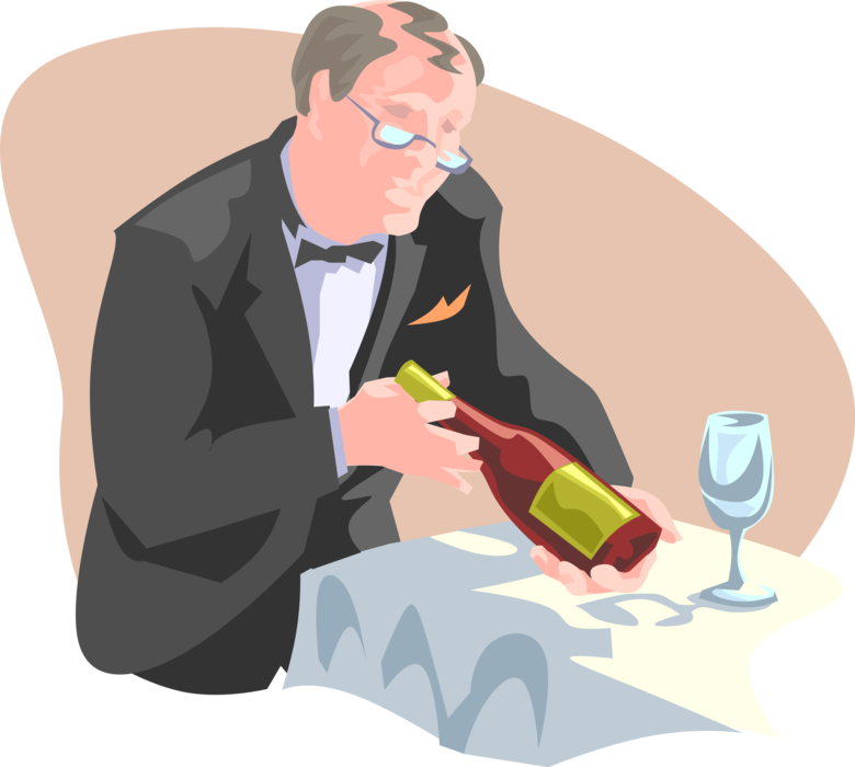 Vector Illustration of Restaurant Sommelier Wine Steward Waiter Presenting Wine Selection