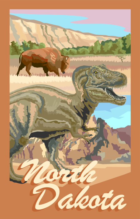 Vector Illustration of State of North Dakota Postcard Design with Buffalo and Dinosaur