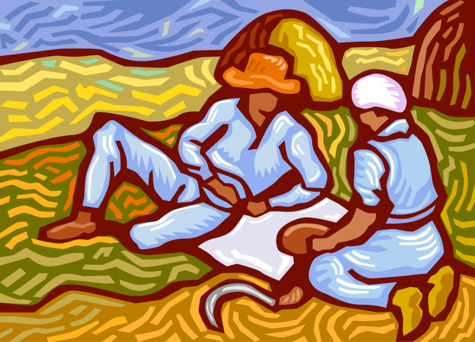 Vector Illustration of Farmers Relax and Take Break From Harvesting Crops in the Fields