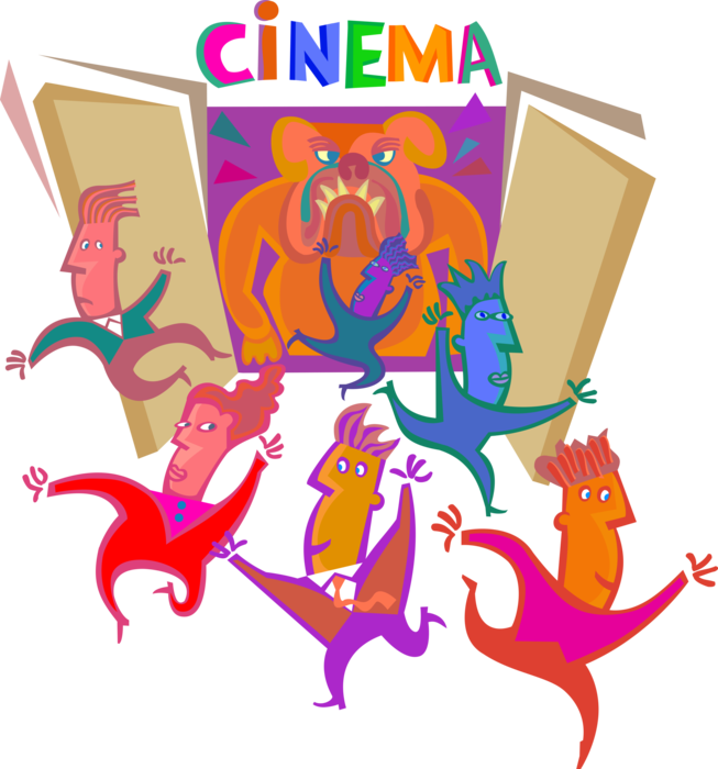 Vector Illustration of Scared Audience Running from Movie Theater or Theatre