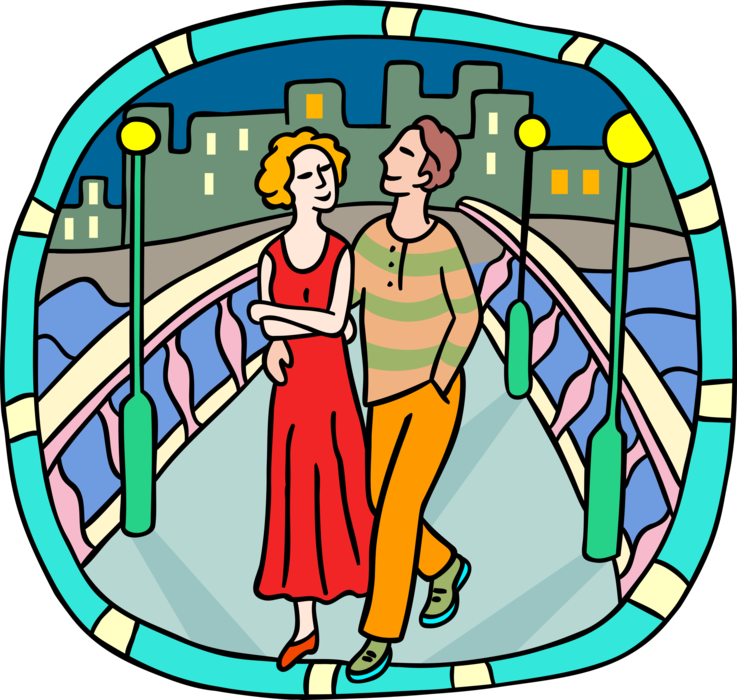 Vector Illustration of Romantic Couple Walking on Bridge Over Water