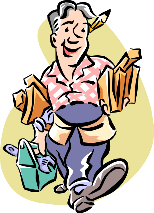 Vector Illustration of Do-It-Yourself Home Improvement Handyman Carries Lumber with Tools
