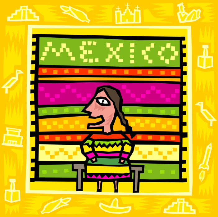 Vector Illustration of Mexican Fabric Design with Symbols of Mexico