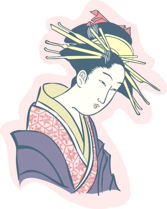 Vector Illustration of Japanese Courtesan Geisha Hostess in Traditional Garment Kimono Dress