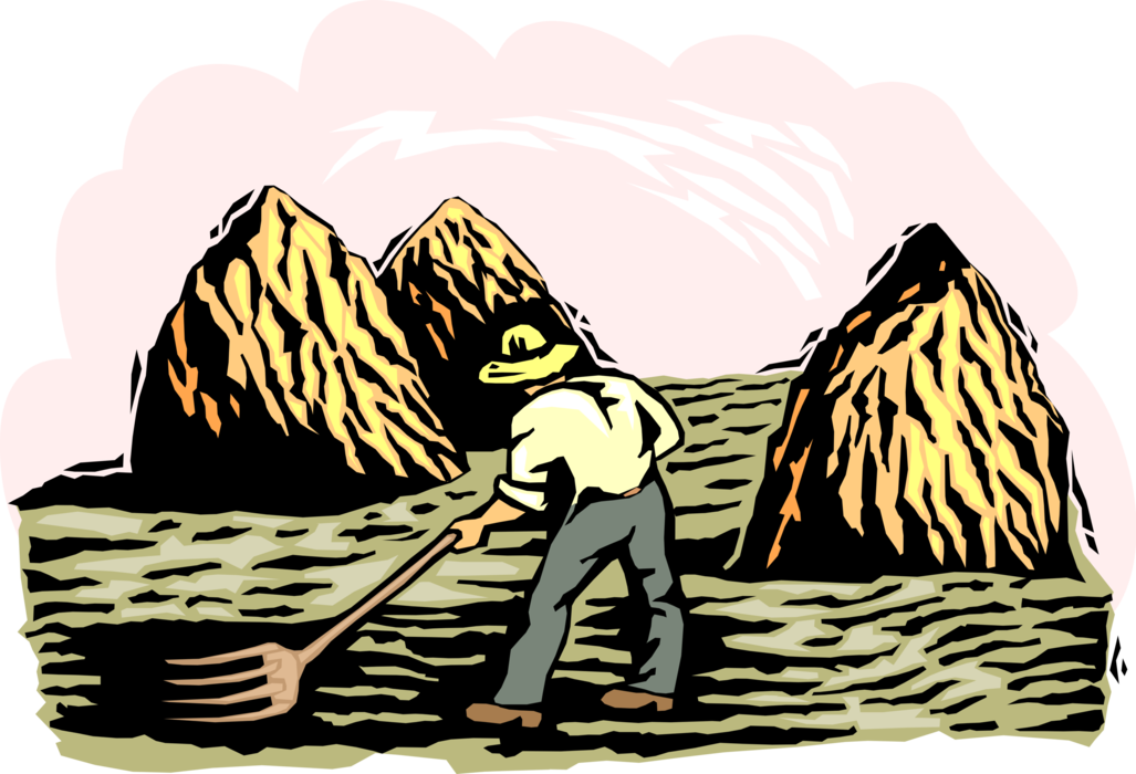 Vector Illustration of Farmer with Pitchfork in Fields Gathering Alfalfa Hay into Bales