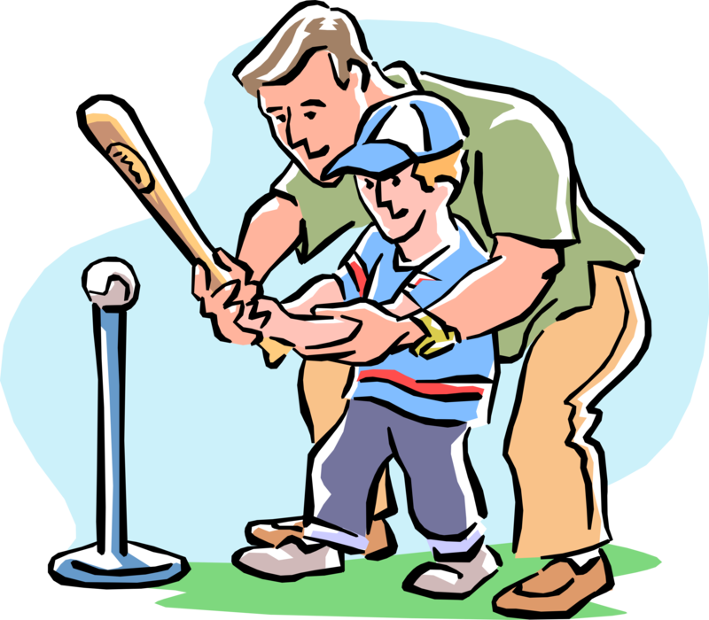Vector Illustration of Father Teaches Son How to Swing the Baseball Bat in Tee-Ball Game