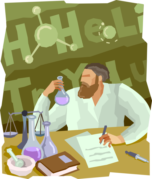 Vector Illustration of Chemist Studies Flask Contents to Determine Molecular Structure