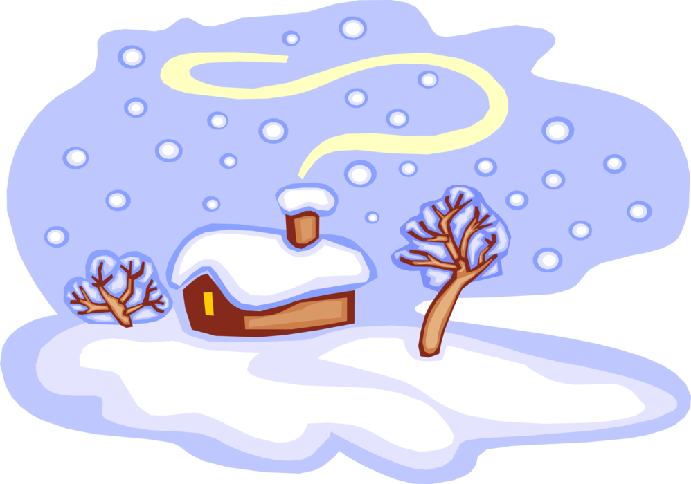 Vector Illustration of Cabin in the Country in Winter with Falling Snow