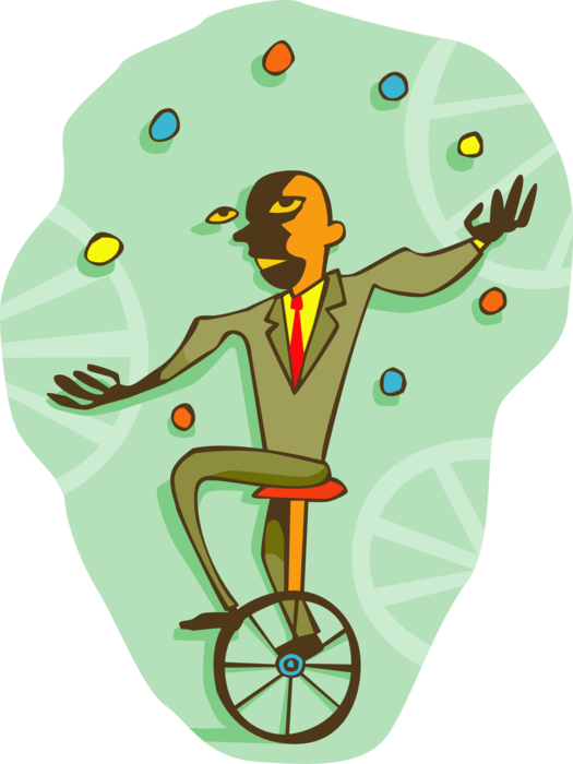 Vector Illustration of Multitasking Businessman Juggling Many Balls at Once on Unicycle