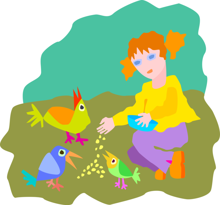 Vector Illustration of Young Girl Feeding Birds