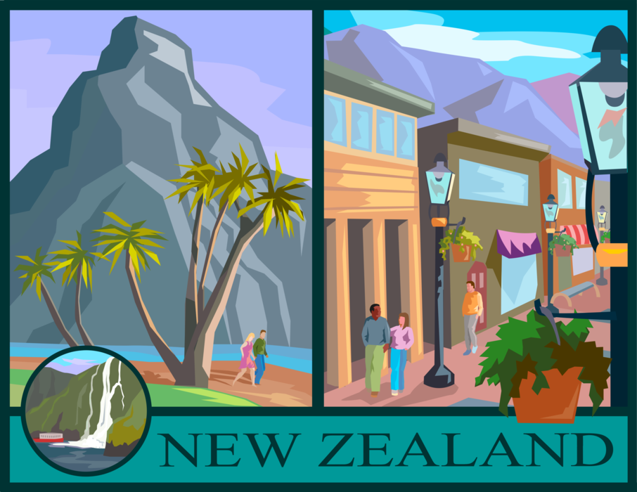 Vector Illustration of New Zealand Postcard Design with Tourist Sights