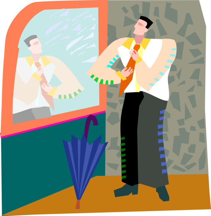 Vector Illustration of Businessman Getting Dressed Putting on Tie in Mirror