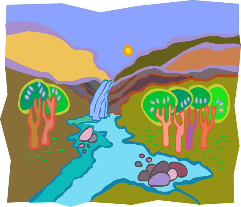 Vector Illustration of Waterfall Leading to Stream