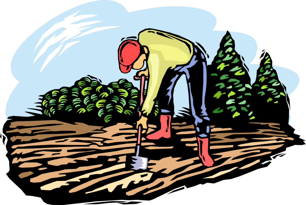 Vector Illustration of Farmer Working the Soil with Shovel