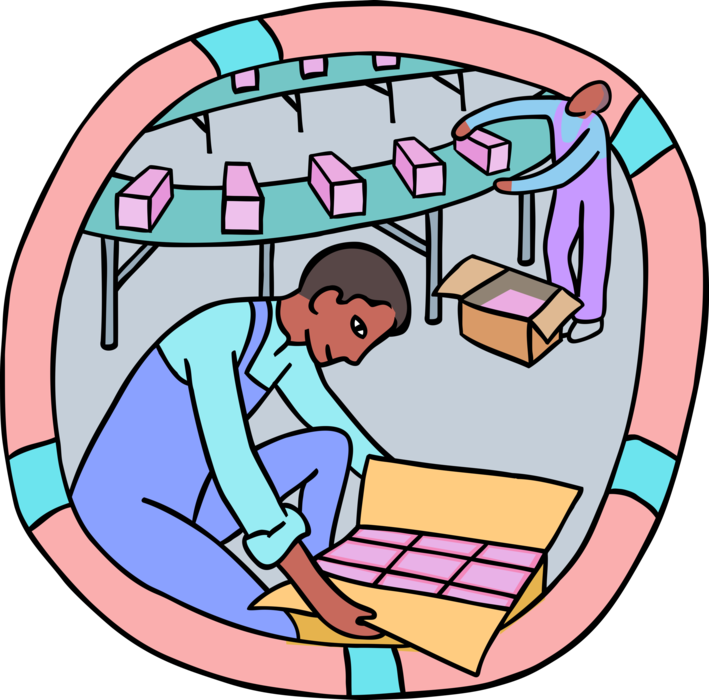 Vector Illustration of Manufacturing Factory Workers Packaging Products on Assembly Line 