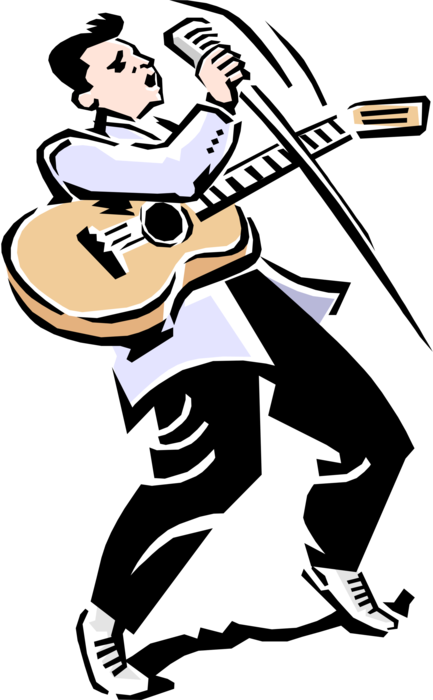 Vector Illustration of 1950's Vintage Style Rock N Roll Musician Singing with Acoustic Guitar