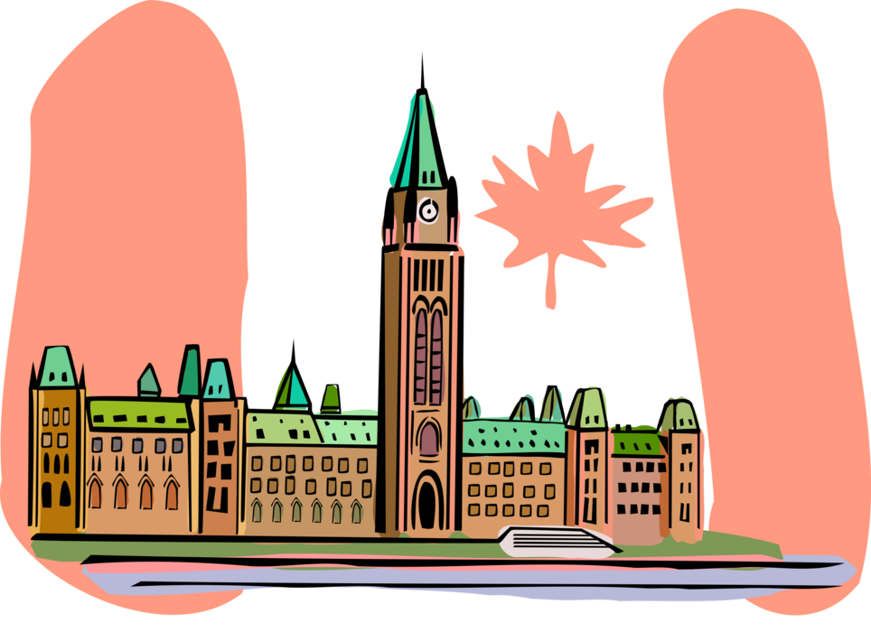 Vector Illustration of Parliament Buildings with Peace Tower, Ottawa, Canada