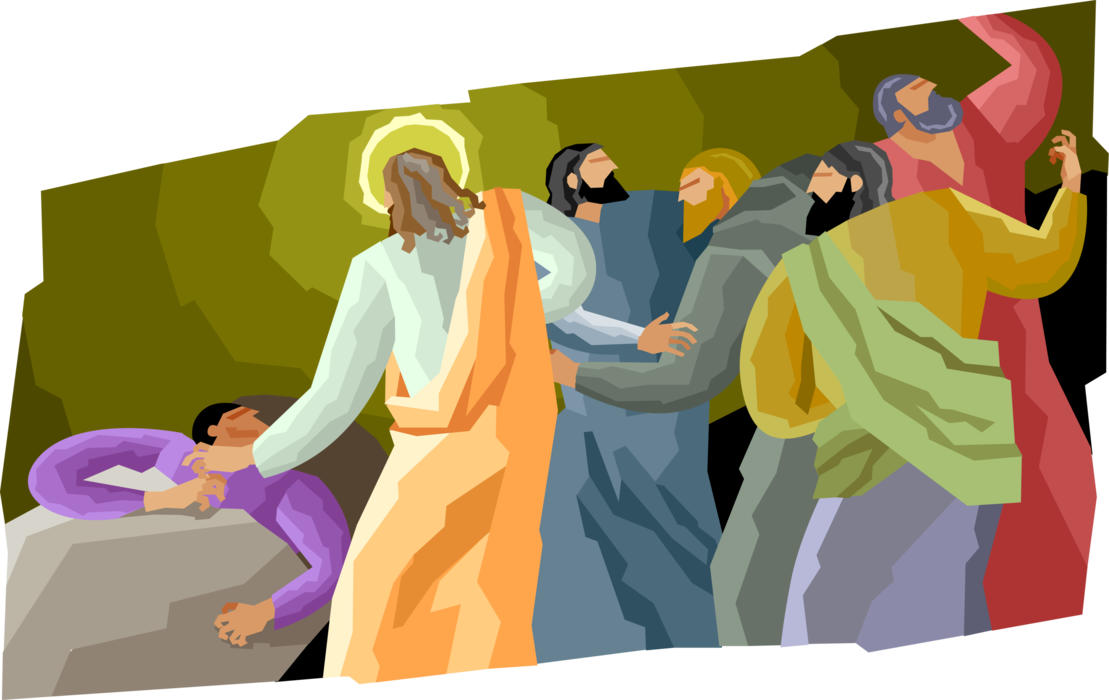 Vector Illustration of Jesus Christ Healing the Sick Man with Disciples