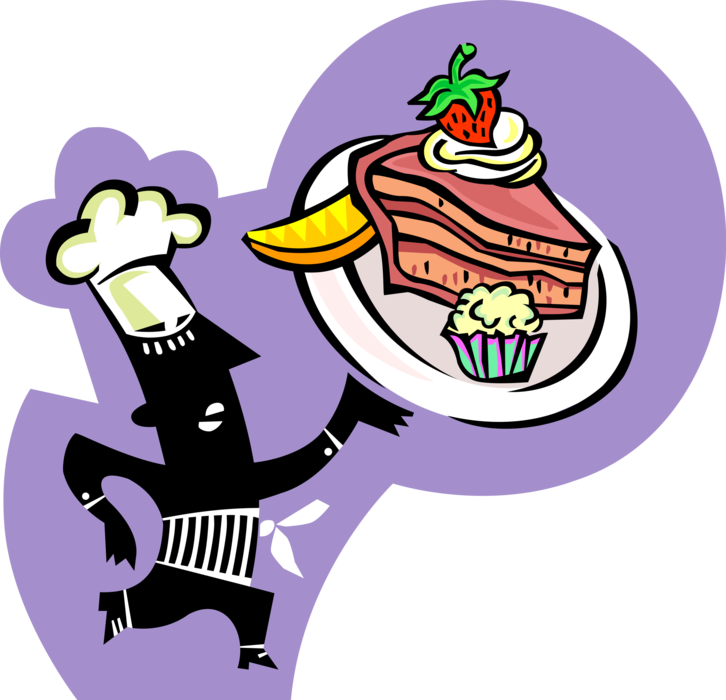 Vector Illustration of Restaurant Pastry Chef Carries Dessert Tray with Cakes and Fruit