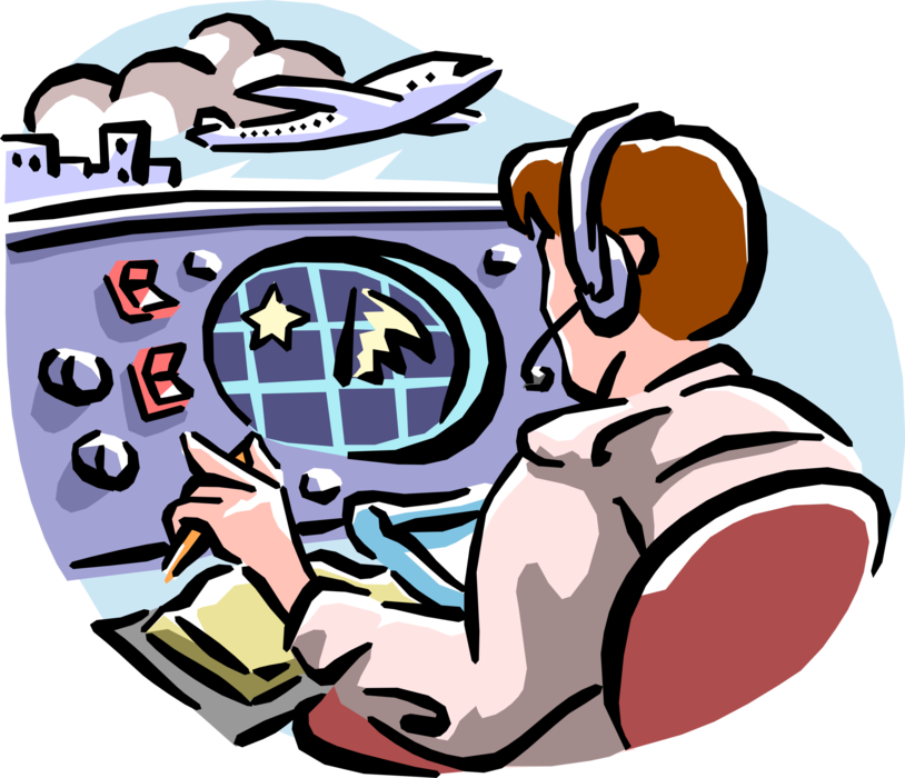 Vector Illustration of Air Traffic Controller Maintains Safe, Orderly Flow of Air Traffic Using Radio Waves to Determine Range