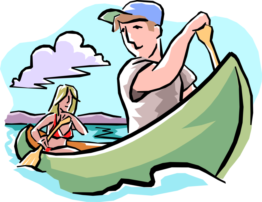 Vector Illustration of Outdoor Canoe Trip Friends Canoeing with Paddles on Lake 