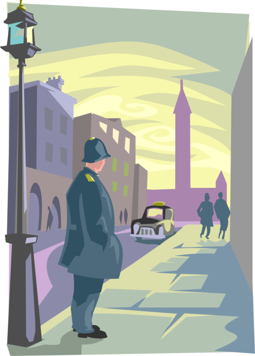 Vector Illustration of British Bobby Police Officer Policeman on the Beat on Street Corner