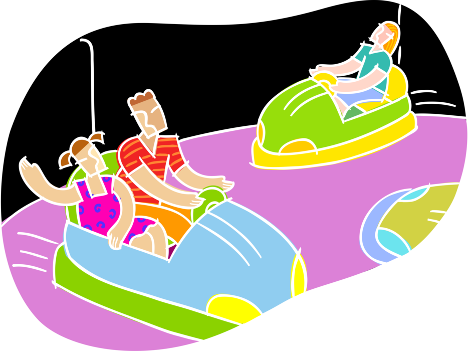 Vector Illustration of Family Enjoys Bumper Cars at Amusement Park or Theme Park
