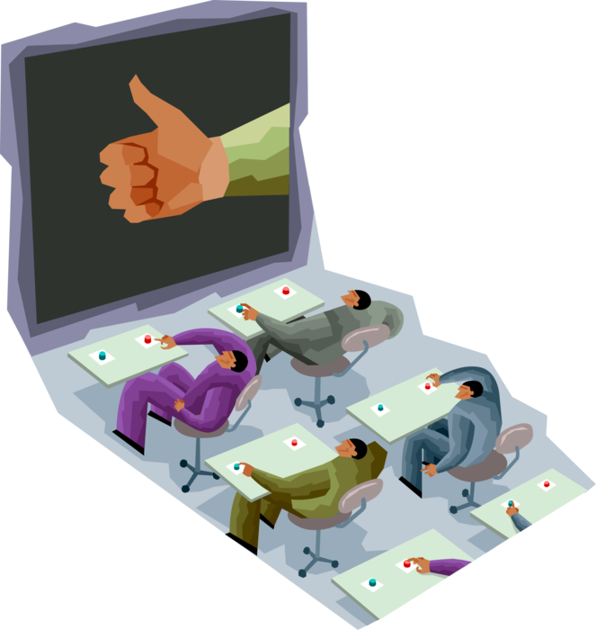 Vector Illustration of Training Room Students with Fingers on Buttons React to Thumbs Up Hand