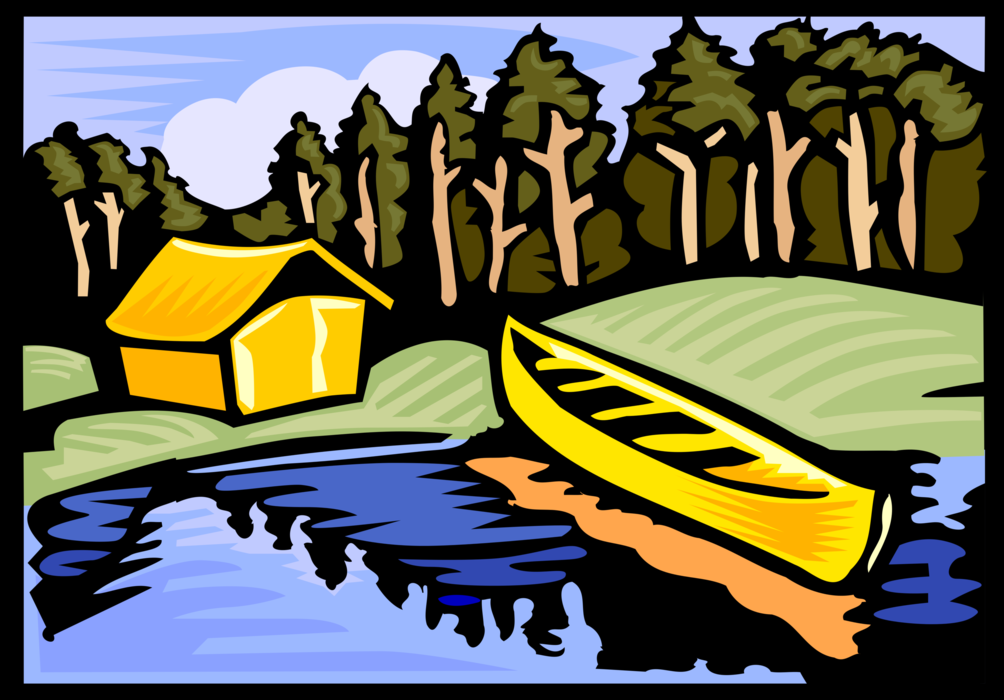 Vector Illustration of Outdoor Recreational Activity Camping Site at Wilderness Lake with Tent and Canoe
