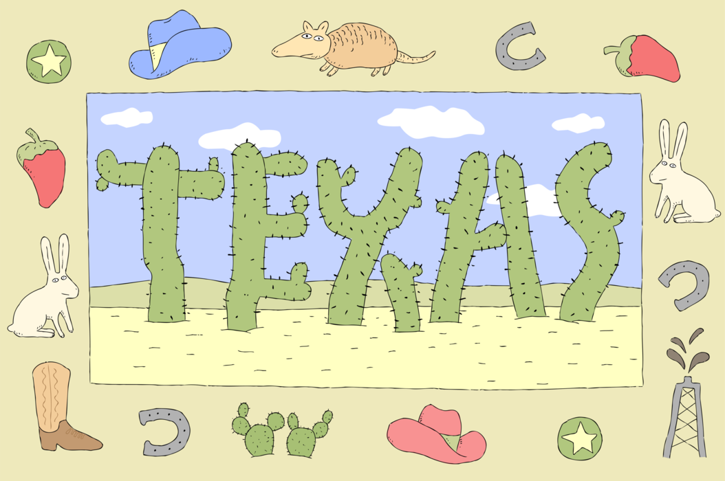 Vector Illustration of Texas Cactus with Armadillos, Oil Wells, Cowboys and Hot Chili Peppers