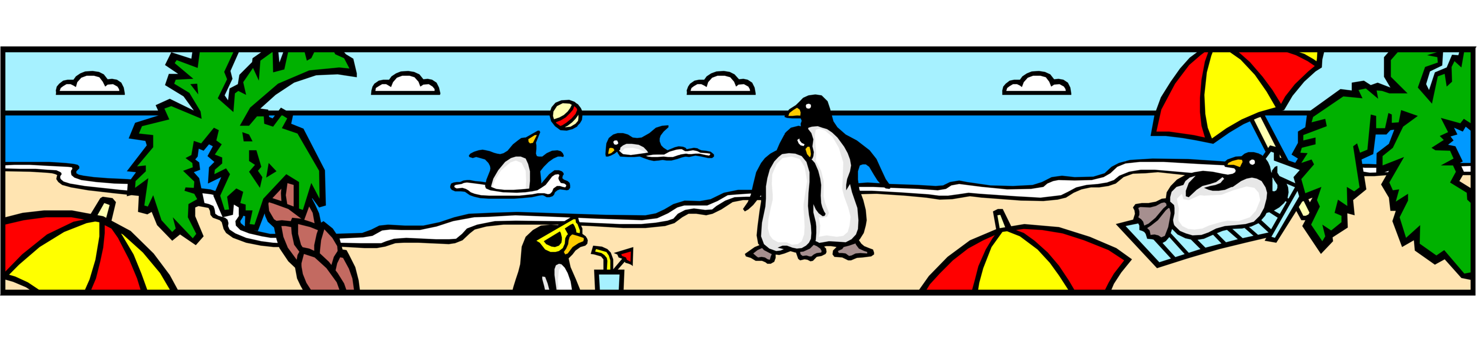 Vector Illustration of Penguins Enjoy Relaxing Summer Day at the Beach